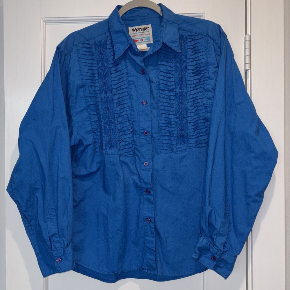 Wrangler Women's Rodeo Shirt Southwestern Embroidery Blue Aztec Cowgirl Medium